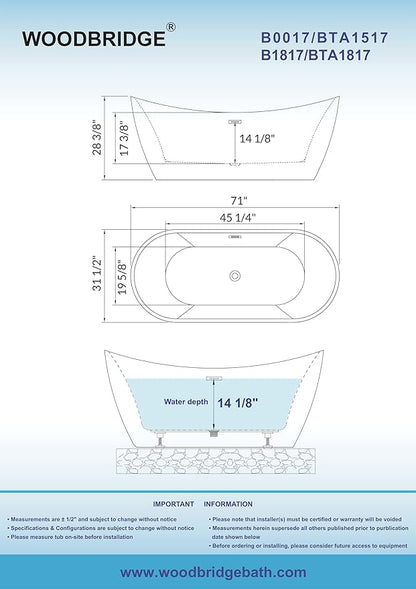 WOODBRIDGE 71" Acrylic Freestanding Bathtub Contemporary Soaking Black Tub with Brushed Nickel Overflow and Drain,Black,B1817-BN