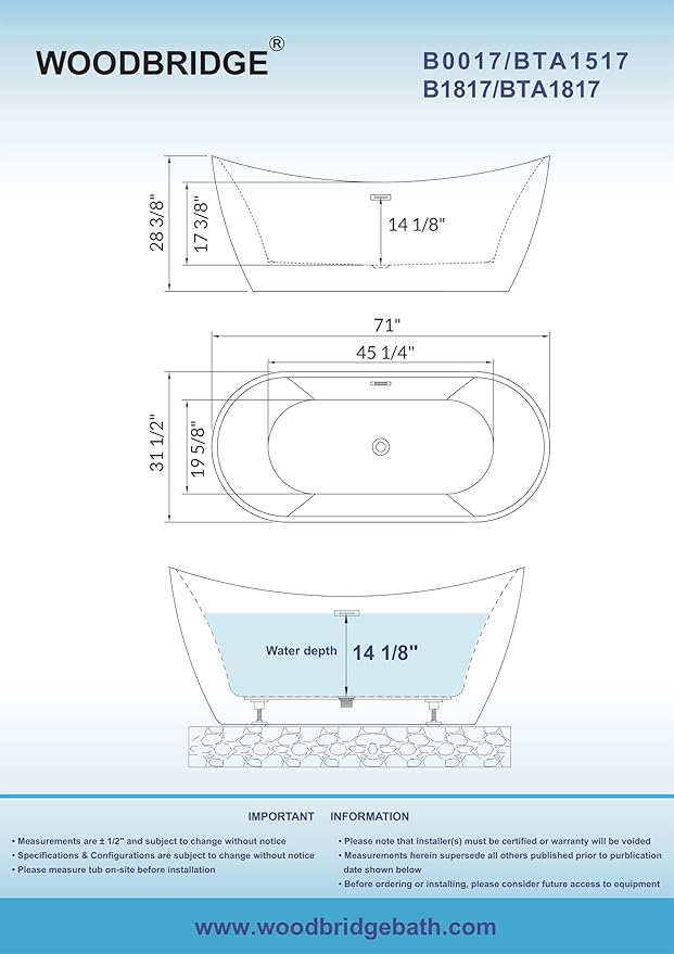 WOODBRIDGE 71" Acrylic Freestanding Bathtub Contemporary Soaking Black Tub with Matte Black Overflow and Drain,Black,B1817-MB