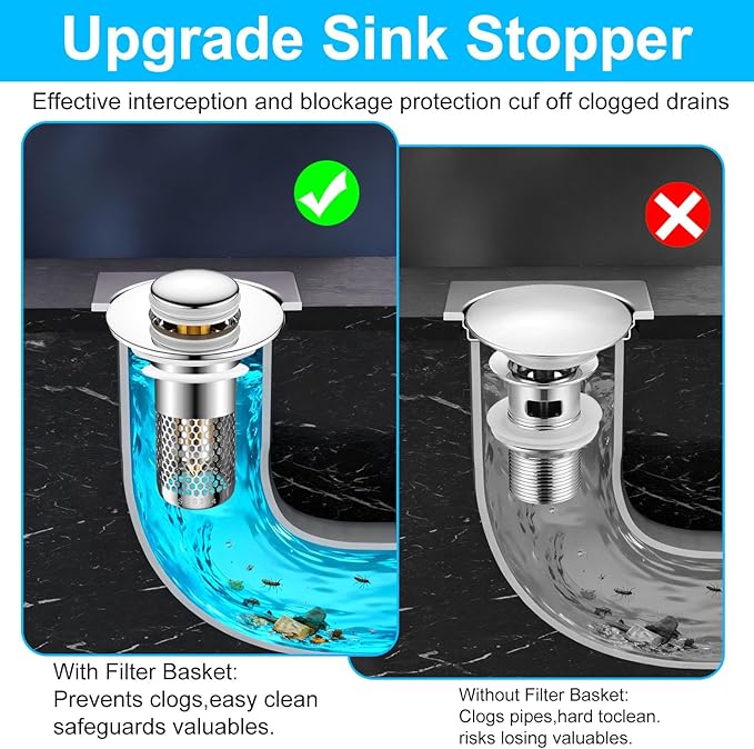 2PCS Bathroom Sink Stopper Hair Catcher Strainer, Pop Up Sink Drain Filter with Removable Stainless Steel Filter Basket Hair Catcher, for US Bathroom Sinks, Bathtubs, Showers, Floor Stopper