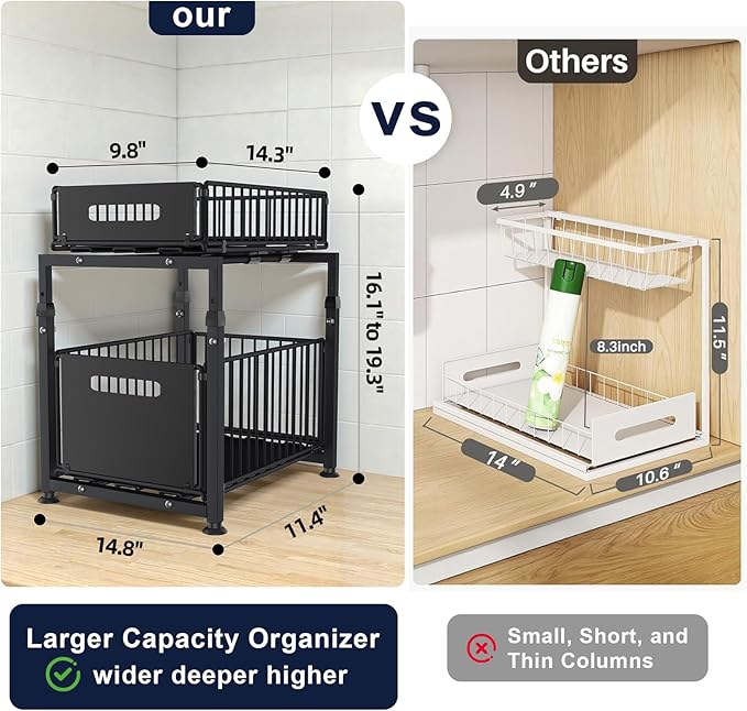MIKEE Under Sink Organizer, 2 Tier Under Sink Organizers and Storage,Bathroom Cabinet Organizer with Adjustable Height, Pull Out Sink Shelf Cabinet Storage Shelves for Kitchen& Bathroom, Black