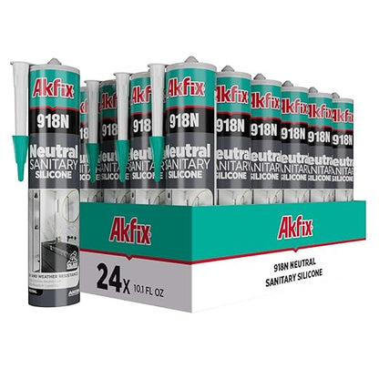 Akfix 918N White 100% Silicone Caulk for Kitchen and Bathroom (24x10.5 fl.oz.) - Solvent-Free, Low Odor, UV & Water Resistant, Fast Curing, Non-sag, High Elasticity Silicone Sealant | White, 24 Pack