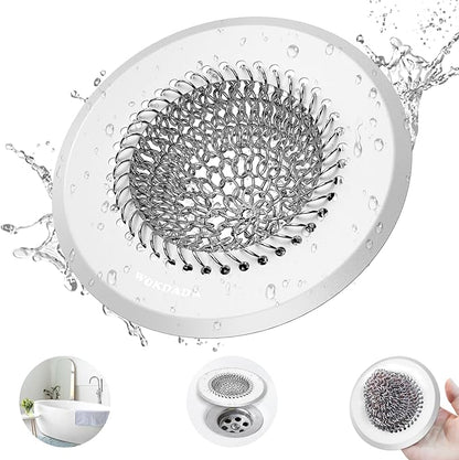 Drain Hair Catcher: for Bathtub & Shower (Fast Drainage), Reversible 304 Stainless Steel Protector. Fits Pop-Up & Regular Bathroom Drains (Silvery White)