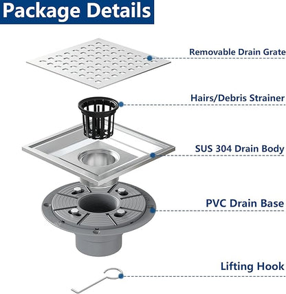 Neodrain Square Shower Drain,6 inch Stainless Steel 304 Grate and PVC Drain Body, Grate with Brushed Nickel Finish, Kit Includes Hair Trap/Strainer,Lifting Hook and PVC Drain Base