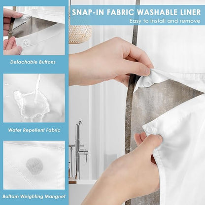 No Hook Brown Grey Painting Shower Curtain with Snap in Fabric Liner Set, Vintage Beige Double Layers Waterproof Fabric with See Through Top Window Open Grommet Bath Curtain 71x74 Inch