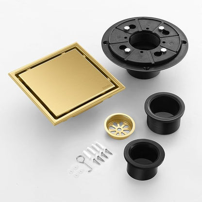 Hidden Brushed Square Shower Floor Drain, Gold 6 inch, 304 Stainless Steel, with Flange, Detachable Cover Embedded in Ceramic Tiles