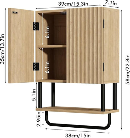RUSTOWN Farmhouse Bathroom Wall Cabinet with 2 Door, 3-Tier Curved Profile Wooden Medicine Cabinet, Wall Mounted Storage Cabinet with Adjustable Shelf and Towel Bar (Natural, Small)