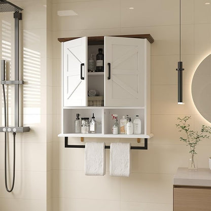 Farmhouse Bathroom Wall Cabinet with Adjustable Shelves & Towel Racks, White Wall Mounted Medicine Cabinet, Over The Toilet Storage Cabinet for Bathroom, Kitchen, Laundry Room