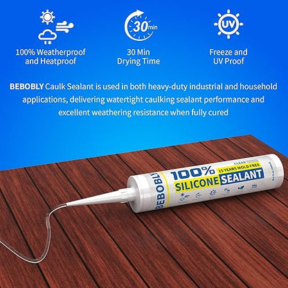 Silicone Caulk & Sealant Clear, 100% Waterproof Silicone Sealant, Shrink & Crack Proof, Silicone Sealant Caulking for Kitchen, Bathroom, RV, Interior & Exterior Use, 10.2 FL. OZ/300ML, 1 Pack