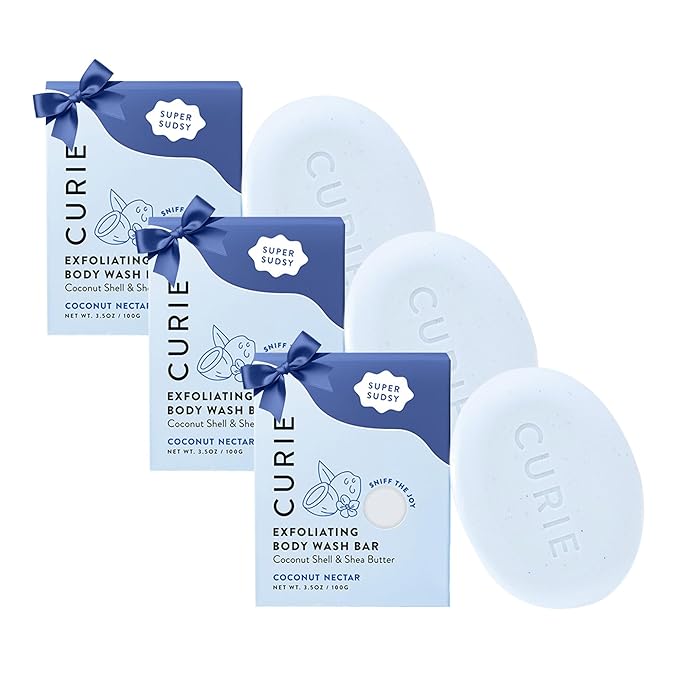 Curie Coconut Nectar Exfoliating Body Wash Bar – Natural, Vegan, Sulfate-Free Formula for Gentle Exfoliation & Soft, Radiant Skin (3PK)