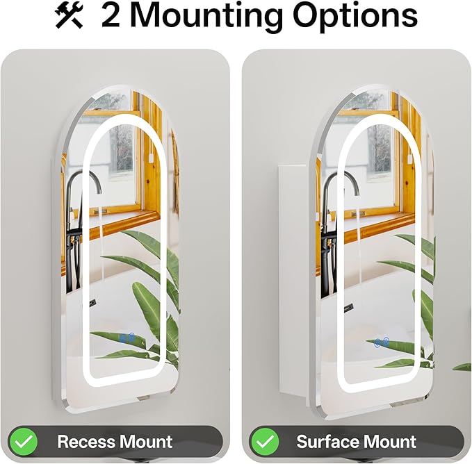 LED Arched Bathroom Medicine Cabinet with Mirror, No Assembly Needed, Recessed or Surface Mount Wall Storage Cabinet, Mirror Cabinet with Tissue Slot (Bevel-LED, 31.5" L x 19.7")