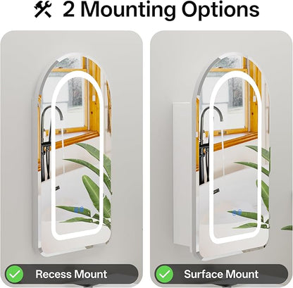 LED Arched Bathroom Medicine Cabinet with Mirror, No Assembly Needed, Recessed or Surface Mount Wall Storage Cabinet, Mirror Cabinet with Tissue Slot (Bevel-LED, 31.5" L x 19.7")
