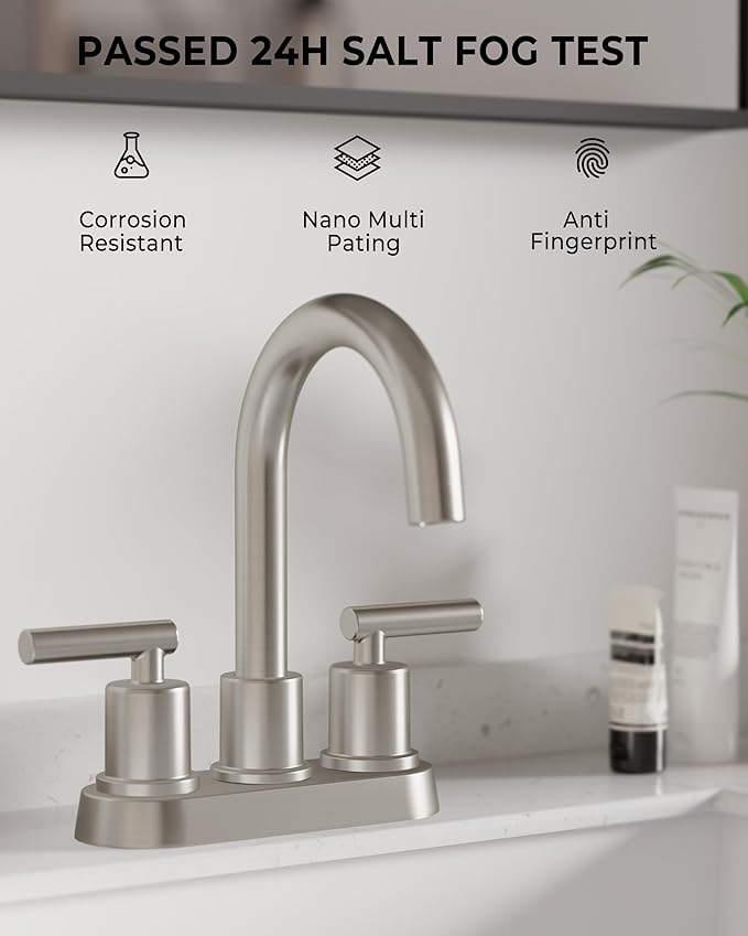 VXV Bathroom Sink Faucet 4 Inch 2 Handle Centerset Modern 360 Rotating Brushed Nickel Water Faucet with Pop-up Drain Stopper Assembly Supply Line Fits 2 Hole