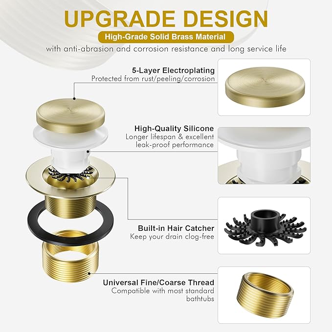 Brushed Brass Bathtub Drain Stopper and Overflow Kit, Solid Brass Tip-Toe Bath Tub Drain with Hair Catcher - Universal Coarse/Fine Thread, Bathroom Bathtub Plug Replacement, 11.5/16 UNC