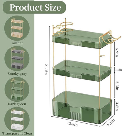 3 Tier Glam Bathroom Counter Organizer with Hair Dryer Holder, Cosmetics & Skincare Shelf, Makeup Organizer, Perfume Tray (Green)
