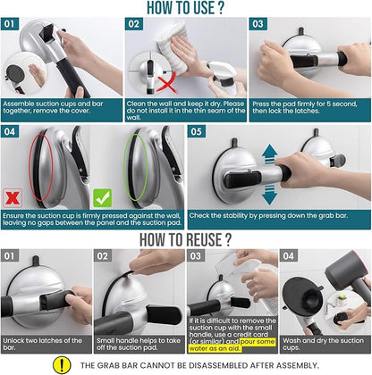 TAILI Grab Bars for Bathtubs and Showers, Shower Handles for Elderly Suction,Maximum 330lbs,Shower Grab Bar with Upgraded Rubber Suction Cups,Safety Grip for Senior, No Drilling Removable,Black