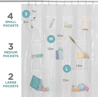Zenna Home Waterproof Shower Curtain Liner with 9 Storage Pockets, 70 x 72 Inch, PEVA Shower Liner for Bathroom Storage, Shower Curtain Organizer with Rustproof Grommets, Clear