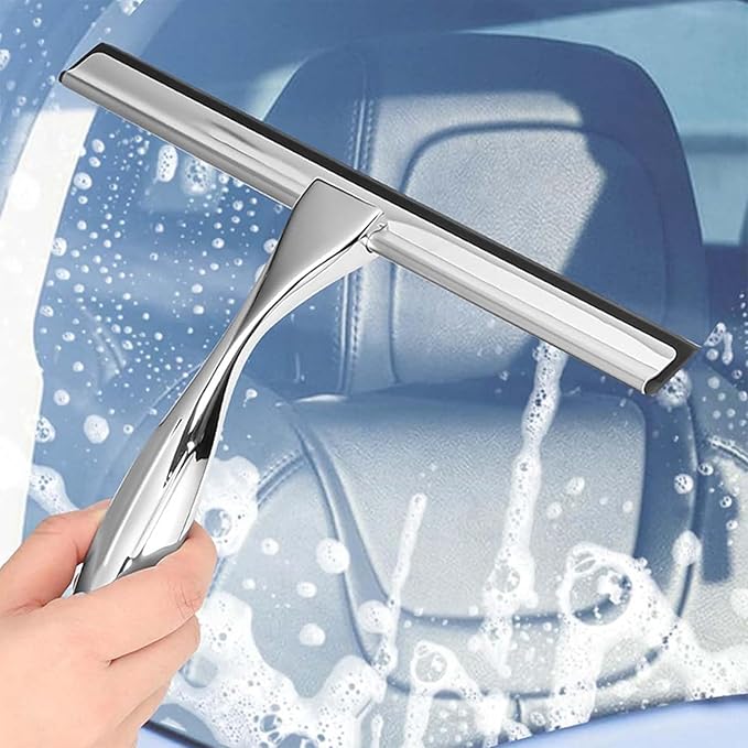10-Inch Shower Squeegee, Stainless Steel Squeegee for Shower or Window Glass Door, Includes one Adhesive Hook. (Silver, 10 inch)