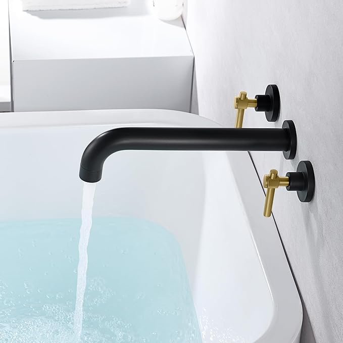 SUMERAIN Wall Mount Bathtub Faucet Set Long Spout Tub Filler High Flow Rate Black and Gold Finish