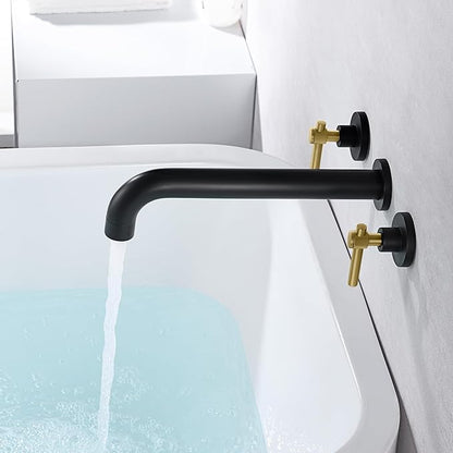 SUMERAIN Wall Mount Bathtub Faucet Set Long Spout Tub Filler High Flow Rate Black and Gold Finish