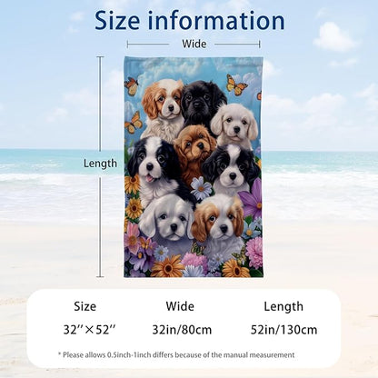WZOMT Microfiber Dog Beach Towel, Cute Dog Bath Towels, Funny Puppy and Flowers Blue Pattern Print Towels for Kids Adults, Quick Dry Absorbent Pool/Swim/Travel/Yoga Towel, Oversized 32"x52"