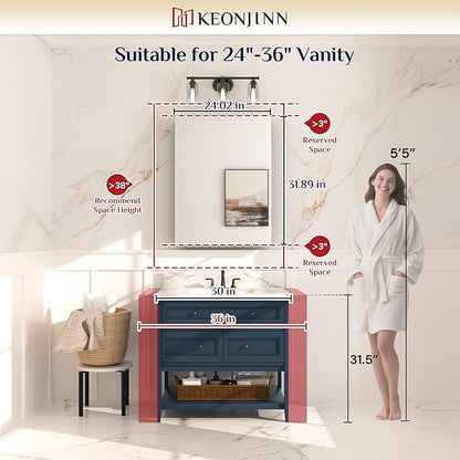Keonjinn 24 x 32 Inch Medicine Cabinet for Bathroom with Mirror, Assembly Required, Black Aluminum Structure, Lightweight, Recessed or Wall Mount, Freely Adjustable Shelves, Tempered Glass