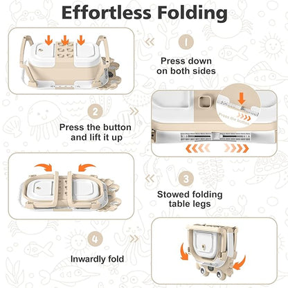 Collapsible Baby Bathtub for Newborns with Thermometer and Soft Floating Cushion Portable and Foldable Travel Baby Boy Bath Tub for Infants to Toddler 0-36 Month (Beige)