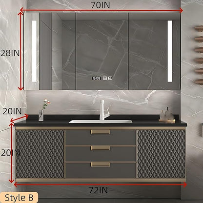 72IN Modern Bathroom Vanity - Wall-Mounted Bathroom Cabinet with LED Light | Intelligent Defogging Mirror Cabinet Includes Time Display Function, 2 Drawers & 2 Storage Cabinets (Style B)