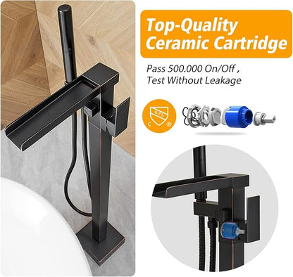 BESy Freestanding Bathtub Faucet Waterfall Tub Filler Oil Rubbed Bronze Floor Mount Brass Single Handle Bathroom Tub Faucets with 2 Function Hand Shower Wand