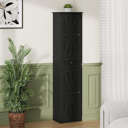 67" H Tall Bathroom Cabinet, Narrow Storage Cabinet with 2 Barn Doors and 1 Drawer, Freestanding Floor Cabinets with 6 Shelves for Bathroom, Living Room, Kitchen, Black