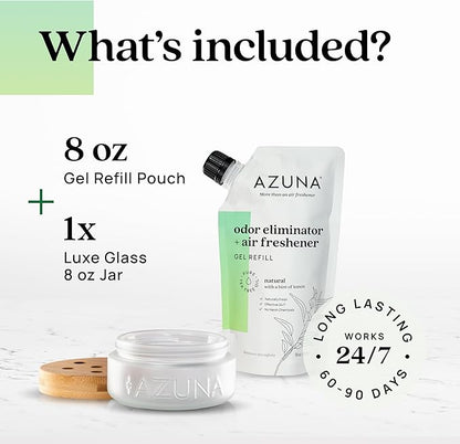Azuna Air Freshener & Odor Eliminator for Strong Odor | 1 Room Kit Includes (1) Empty Luxe Glass Jar & 8oz Refill with Tea Tree Essential Oil Gel | Natural Scent | Last 60-90 Days