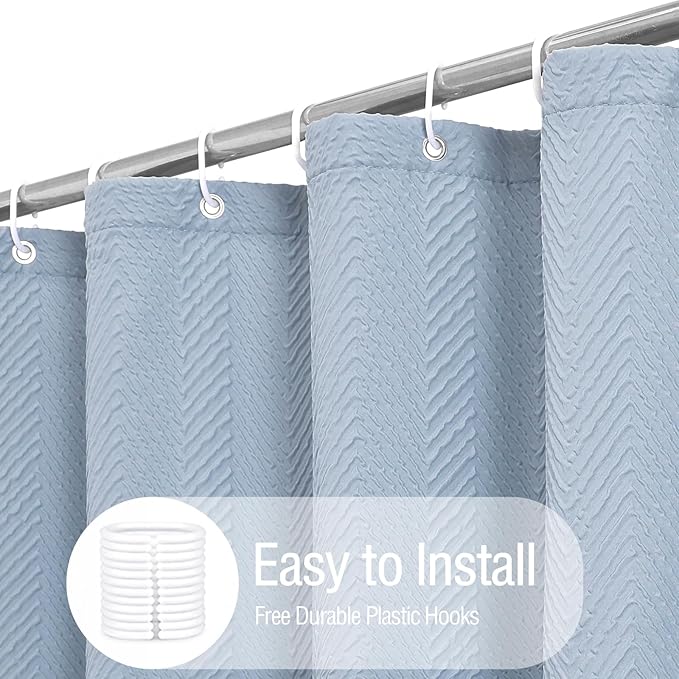 Gibelle Fog Blue Shower Curtain for Bathroom, 3D Embossed Textured Fabric Shower Curtain, Modern Farmhouse Chic Soft Cloth Shower Curtain Set with Hooks, 72x72