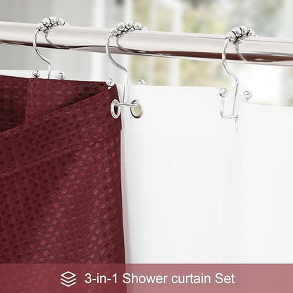 3 in 1 Stall Half Size Burgundy Shower Curtain Set-36 W x 72 H, Modern Waffle Waterproof Fabric and PEVA Liner Set with Stainless Steel Hooks