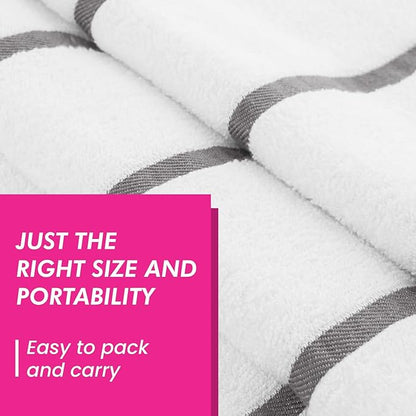 CASA COPENHAGEN Cabana Beach Towel Designed in Denmark Rough and Tough, Quick Dry, Pool, Bath & Shower 30x60 inches 4 Pieces Cotton Beach Bath Towels Set - White Grey Stripe