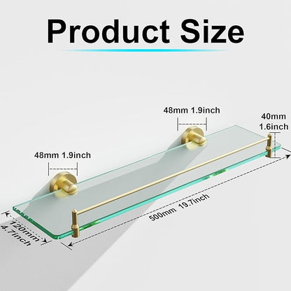 20 Inches Glass Shelves for Bathroom, Brushed Gold Floating Glass Shelf Stainless Steel Tempered Glass Bathroom Shelves for Wall Mount Modern