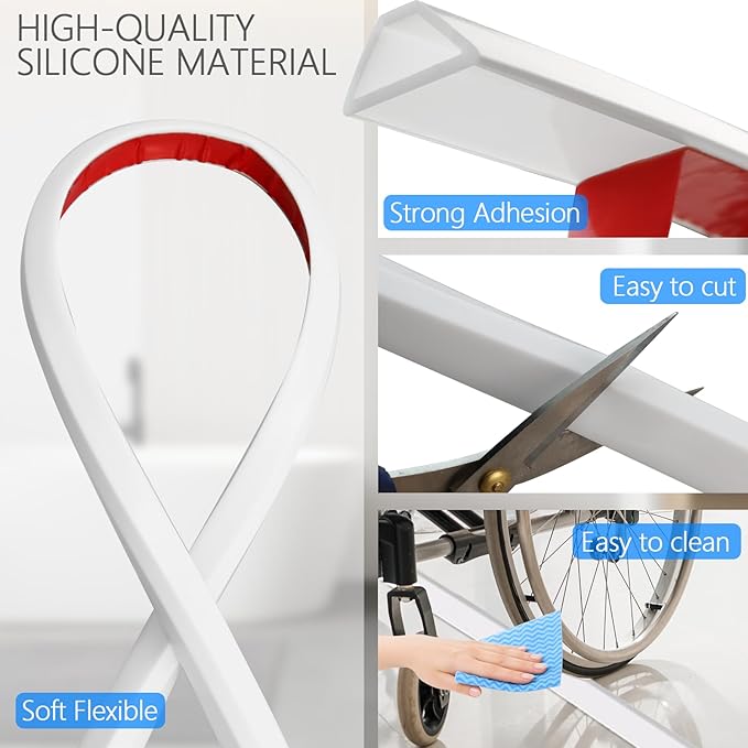 Shower Threshold Water Dam Guard - Self-Adhesive Silicone Waterproof Barrier, Water Stopper Shower Door Bottom Seal Strip Shower Splash Guard for Bathroom Kitchen Bathtub (118in, White)