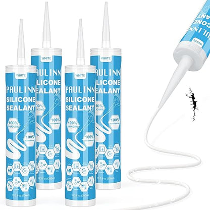 PAULINN Silicone Caulk White, 100% Silicone Sealant Waterproof for RV, Kitchen, Bath, General Use, Window, Door, Glass, Marine, 10.2 Oz, 4 Packs