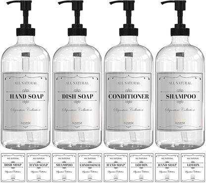 16 OZ Clear Glass Soap Dispenser with Pump, Hand and Dish Soap Dispenser Set for Bathroom with 12 Waterproof Labels, Pack 4