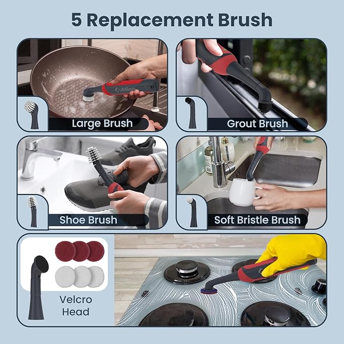LifeBasis Rechargeable Power Scrubber 11-Piece Kit, Cordless Electric Cleaning Brush, IPX7 Waterproof Electric Grout Brush for Home, Kitchen, Bathroom, Grout, Tile, Shower, Tub, Red