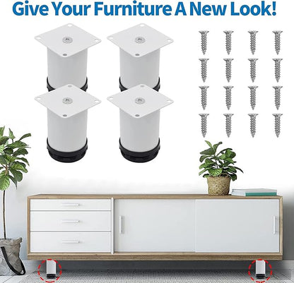 3 Inch Metal Furniture Legs - Stainless Steel, Adjustable, White, Round Cabinet Legs for Coffee Table, Cabinet, Desk, Sofa, Shelves - Pack of 4