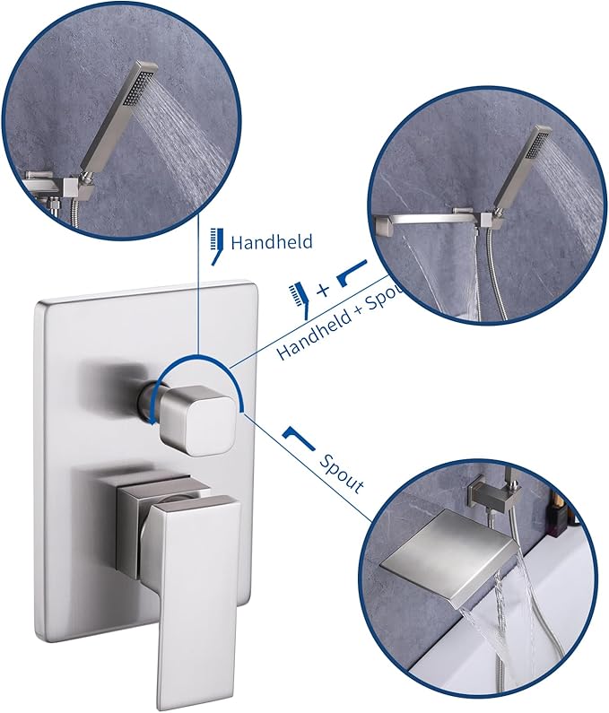 Taplong Wall Mount Tub Faucet with Waterfall Tub Spout Wall Mounted Bathtub Faucet with Handheld Shower Single Handle Tub Filler, Shower Faucet Set with Rough-In Valve, Brushed Nickel,91266BN