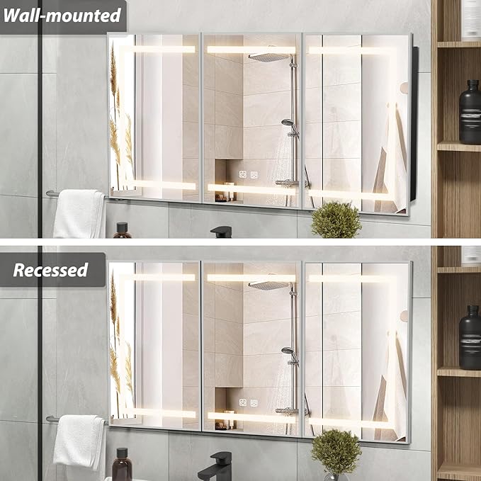 APRILSOUL 48X32 Inch Silver Bathroom Medicine Cabinet with Mirror, Recessed or Surface Lighted Medicine Cabinet with 3 Colors Temperature, Dimmable Light