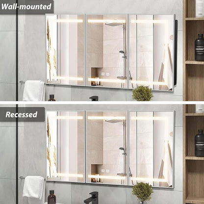 APRILSOUL 48X32 Inch Silver Bathroom Medicine Cabinet with Mirror, Recessed or Surface Lighted Medicine Cabinet with 3 Colors Temperature, Dimmable Light
