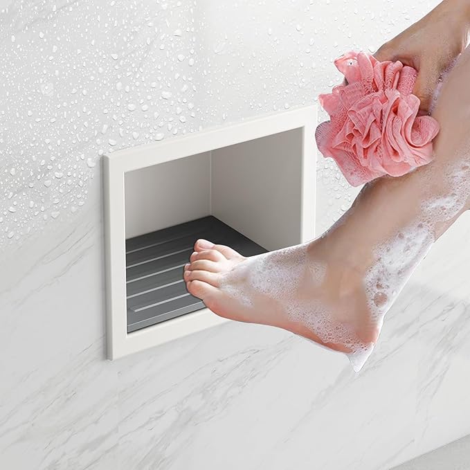 Shower Foot Rest for Shaving Legs, 304 Stainless Steel Footrest Niche with Shaving Holder, Recessed Shower Niche for Shaving Legs, Matte White