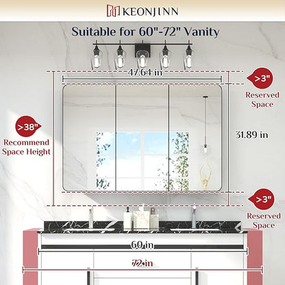Keonjinn 48 x 32 Inch Large Black Medicine Cabinets, Recessed Bathroom Medicine Cabinet, Black Stainless Steel Framed, Sturdy & Heavy, Adjustable Shelves, Oversized Bathroom Mirror with Storage