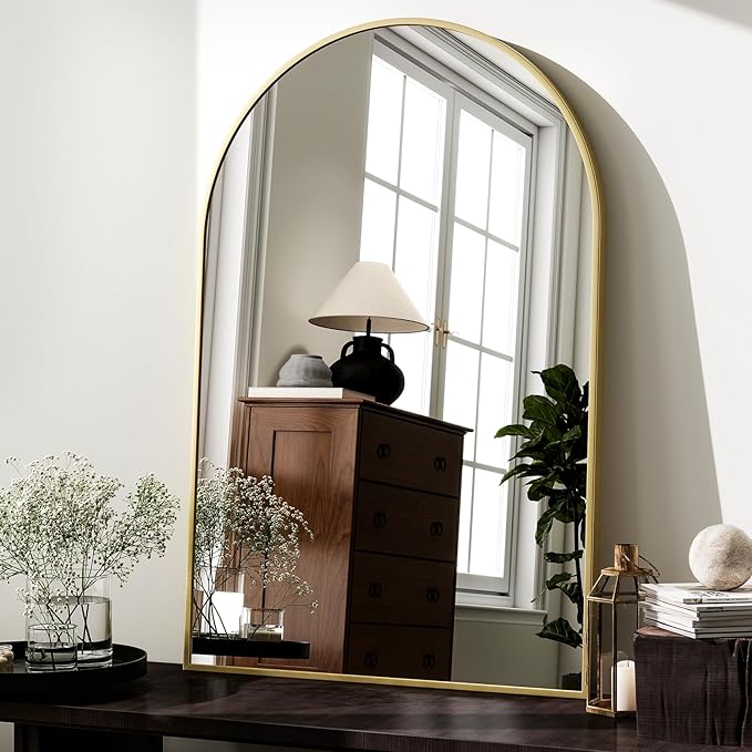 HARRITPURE Arched Wall Mirror – 24"x36" Arch Bathroom Mirror, Gold Metal Frame Vanity Mirrors for Bedroom, Entryway, Living Room Home Decor