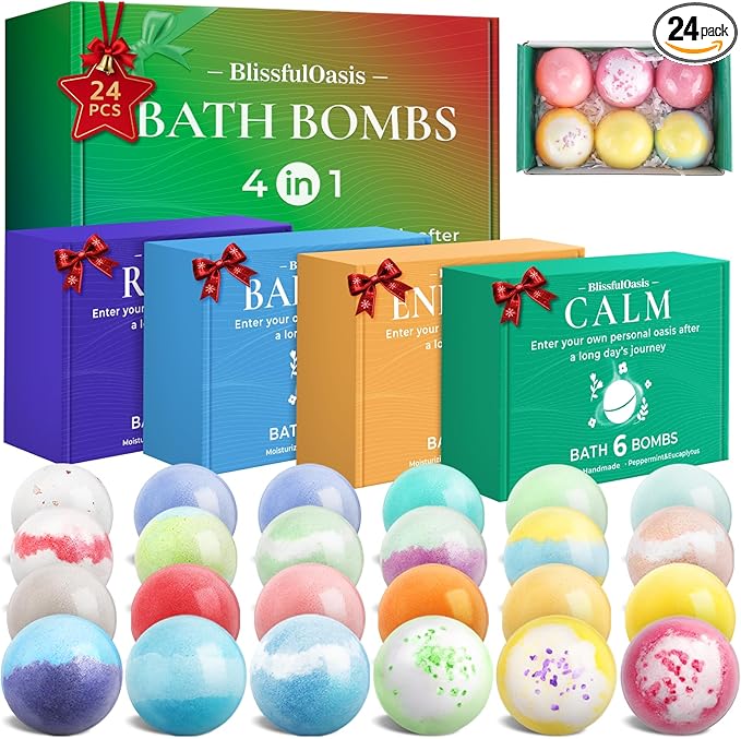 BlissfulOasis Bath Bombs Set, 24 Pcs Shower Bombs with 6 Refreshing Scents, Perfect for Moisturizing & Relaxing, Ideal for Birthday, Mother's Day, Valentine's Day Present Giving, Presents for Women