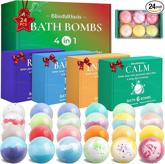 BlissfulOasis Bath Bombs Set, 24 Pcs Shower Bombs with 6 Refreshing Scents, Perfect for Moisturizing & Relaxing, Ideal for Birthday, Mother's Day, Valentine's Day Present Giving, Presents for Women