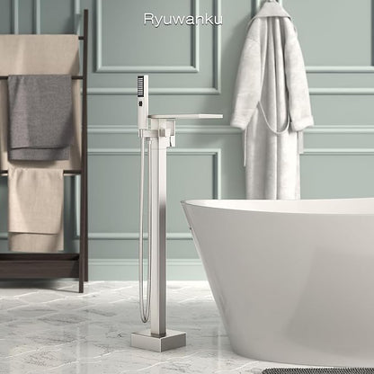 Freestanding Bathtub Faucet with Handheld Sprayer, Brushed Nickel Floor Mount Tub Filler, High Flow Waterfall Brass Bath Shower Faucet for Modern Bathroom