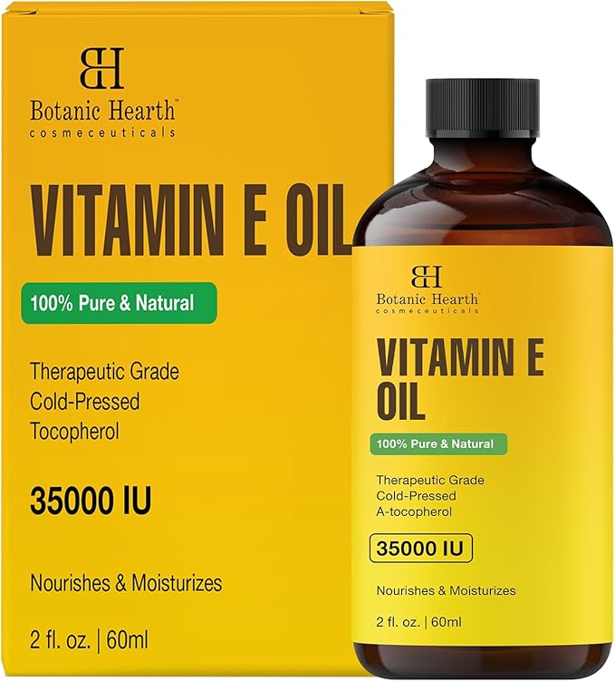Botanic Hearth Vitamin E Oil (Glass Bottle 2 Fl Oz) | 100% Pure and Natural Oil for Growth of Nails, Hair, Eyebrows & Eyelashes | 35,000 Iu | Hair & Body Oil with Eyebrow & Eyelash Brush