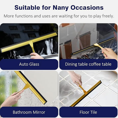 TOOVEM 14 Inch Shower Squeegee for Glass Doors, Window, Bathroom, Car Windshield, Shower Cleaning Tools with S Hook, Square Sticky Hook (Gold)